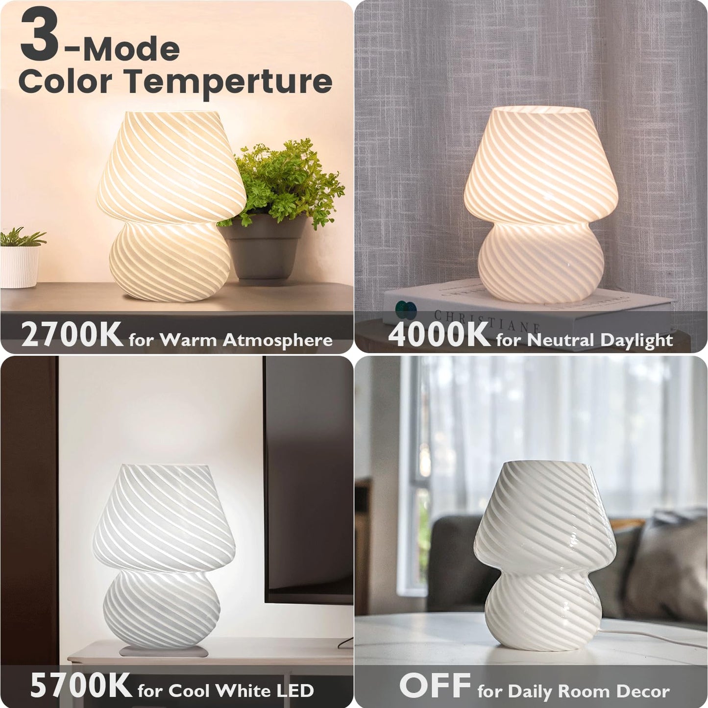 ULAROOM USB Plug-in Mushroom Lamp Small Bedside Table Lamp with 3 Temperature LED Bulb,Free Dimming Nights Light for Bedroom/Living Room/Entryway/Corner Decor (Stripe White)