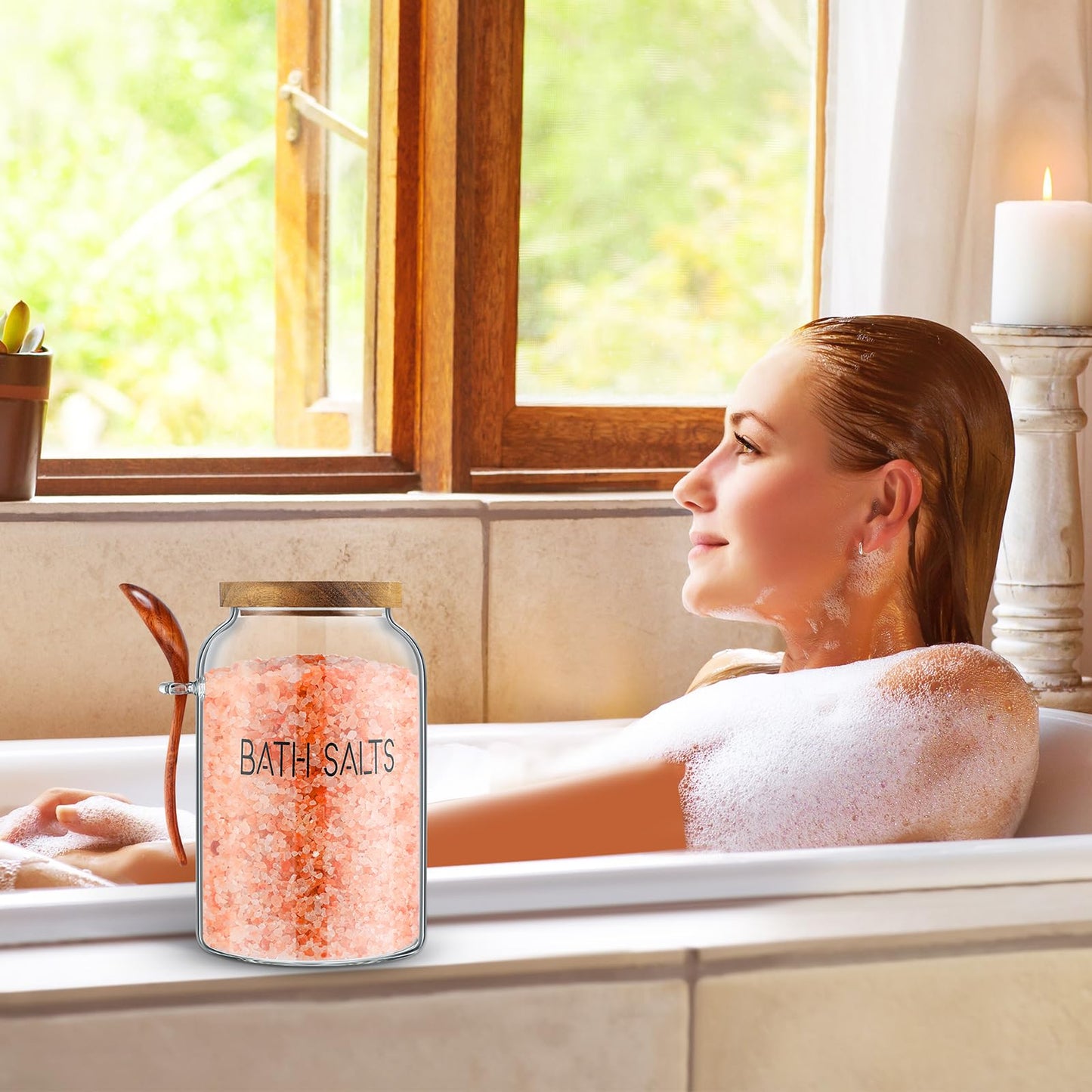 SiliFine 1 Piece 94 oz Bath Salts Glass Jar with Wooden Lid, Bath Salt Container with Scoop, Airtight Storage Bathtub Accessories for Women