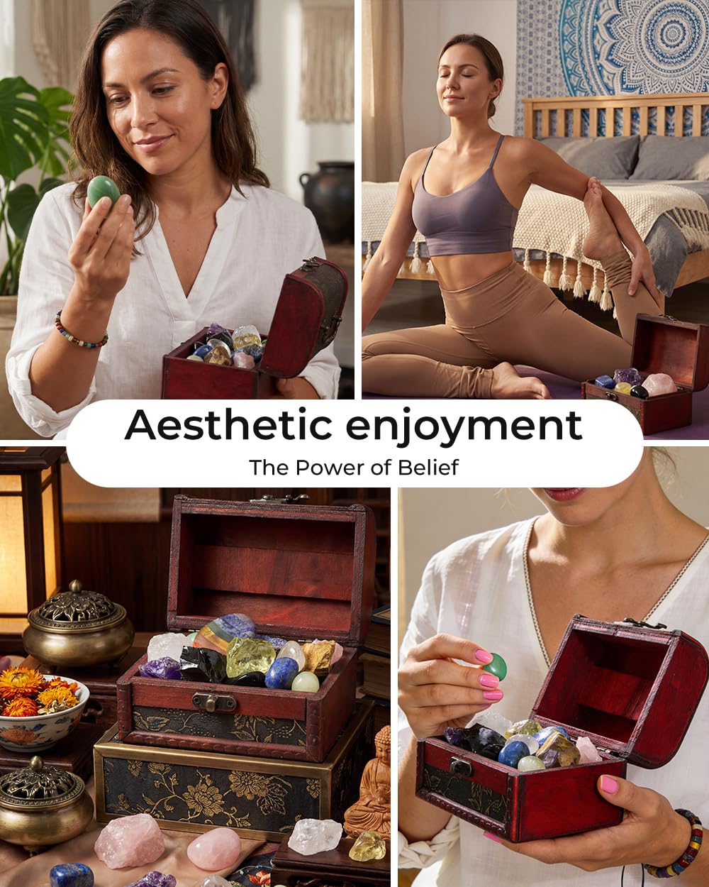 Crystals and Healing Stones, 9 Pcs Healing Crystals Set, 7 Chakra Crystal Stones Set Real Natural Selenite Pyramid Reiki Raw Rock Energy Protection Meditation with Wooden Box, Crystal Gifts for Women