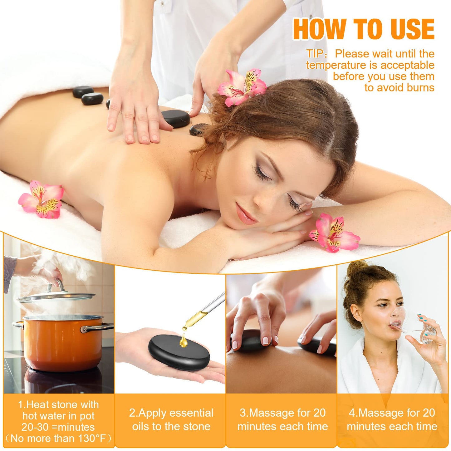 Yunsailing 18 Pcs Hot Stones Massage Set Black Smooth Massage Hot Stones Bianstone Set for Home Spa Warming Relaxing Pain Relief