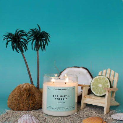 Calyan Wax Co. Sea Mist & Freesia 2 Wick Scented Candle - 37 Hour Burn - Luxury Clean Soy Wax Candles - Long Lasting Large Glass Jar Candle for Home - 8.8oz