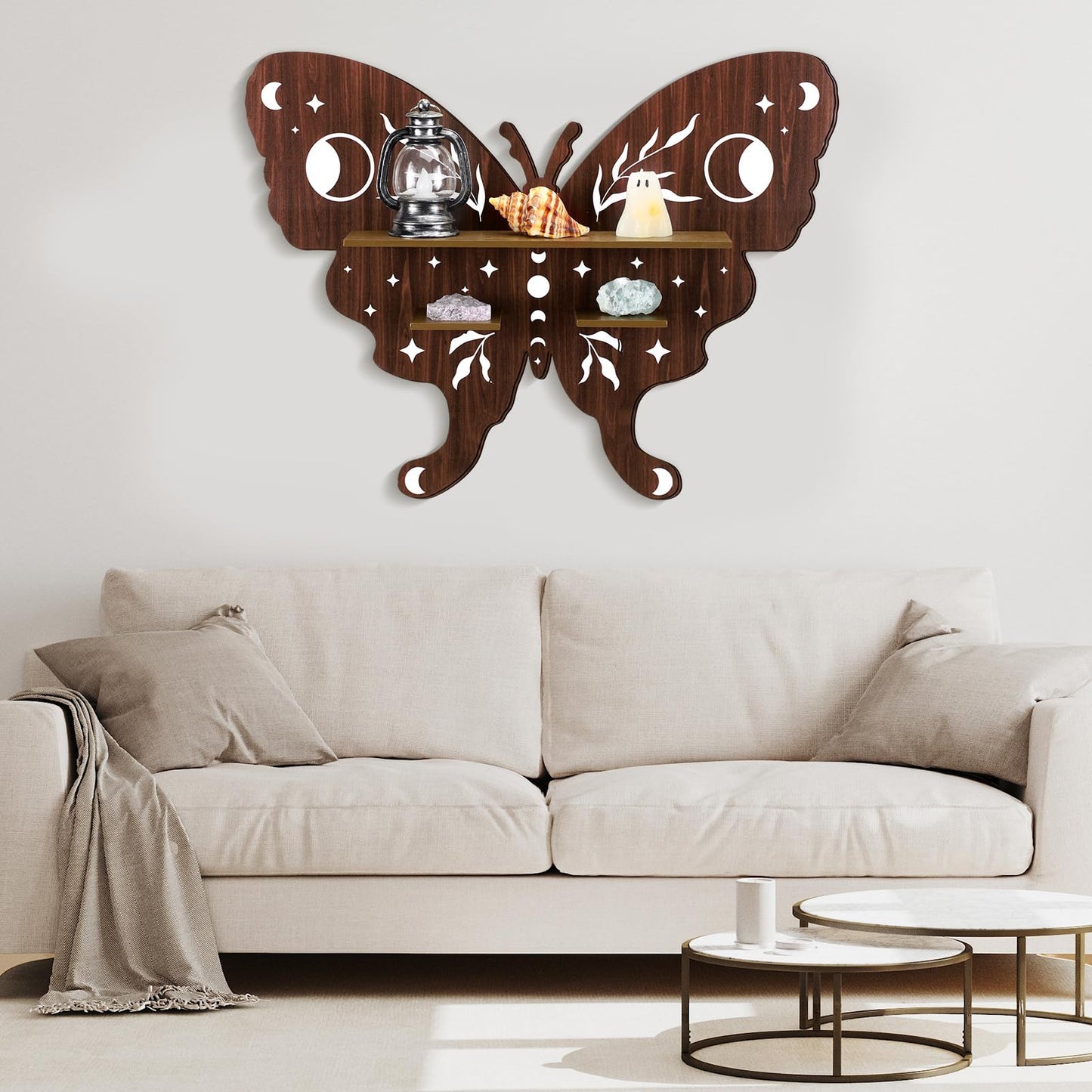 Kigley 3 Pcs Luna Moth Crystal Shelf Display Boho Wood Wall Floating Shelves Butterfly Heart Crystal Shelf Moon Decor for Gem Stone Essential Oil Storage Witchy Home Rustic Decor (Butterfly)