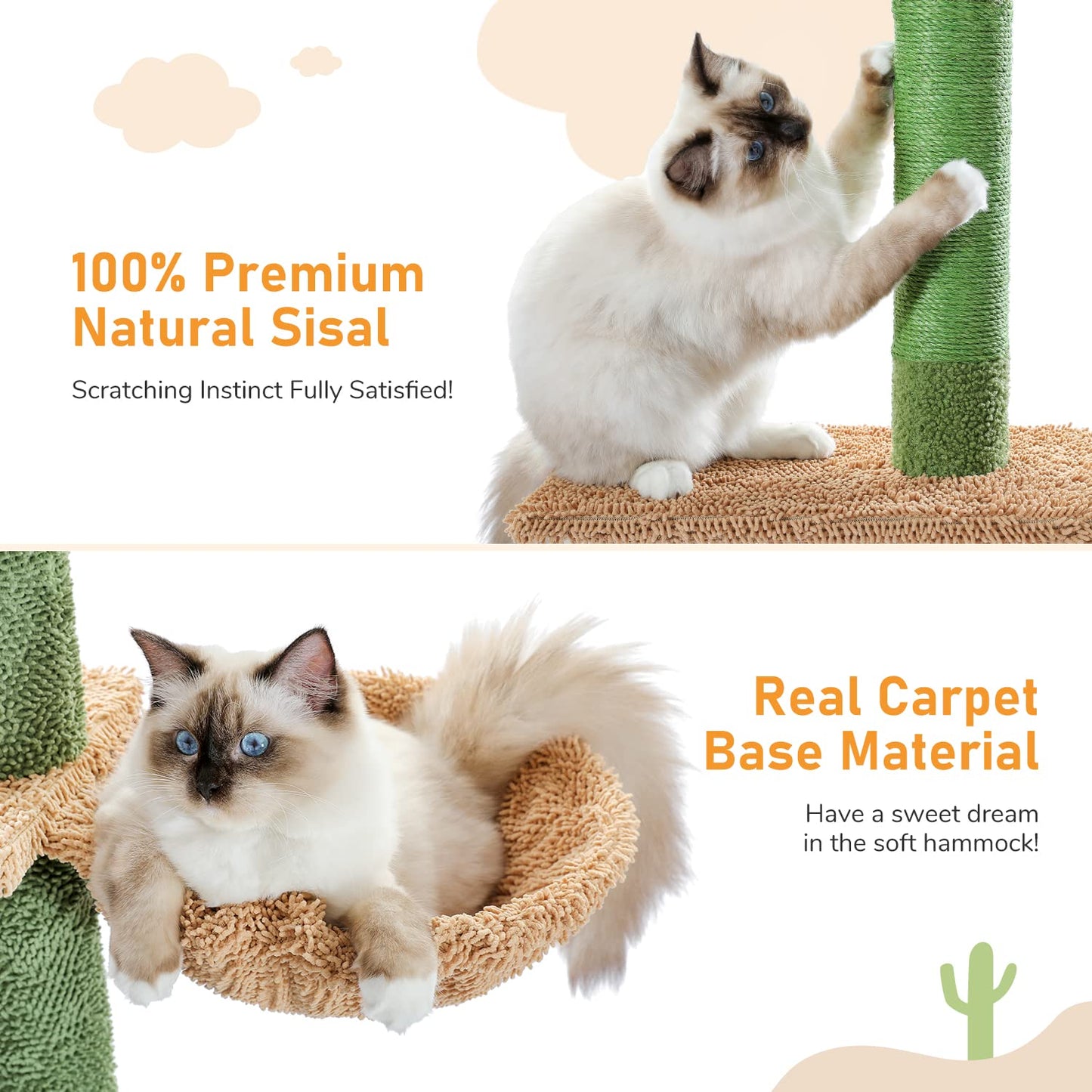 PAWZ Road Cactus Cat Tree Floor to Ceiling Cat Tower with Adjustable Height(239-275cm), 5 Tiers Cat Climbing Activity Center with Cozy Hammock, Platforms and Dangling Balls for Indoor Cats