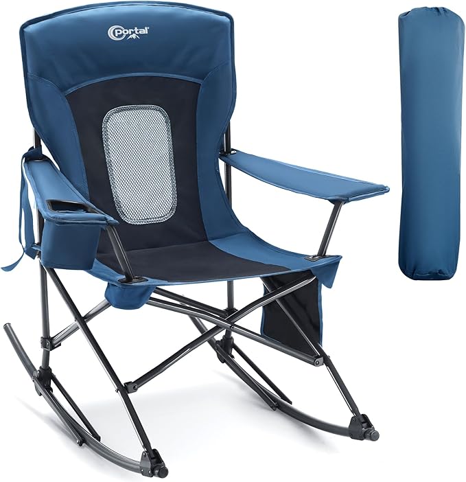 Portal Outdoor Rocking Chair Camping Folding Portable Rocker with Cup Holder Side Pocket Carry Bag, Support 350LBS (Mesh Blue)