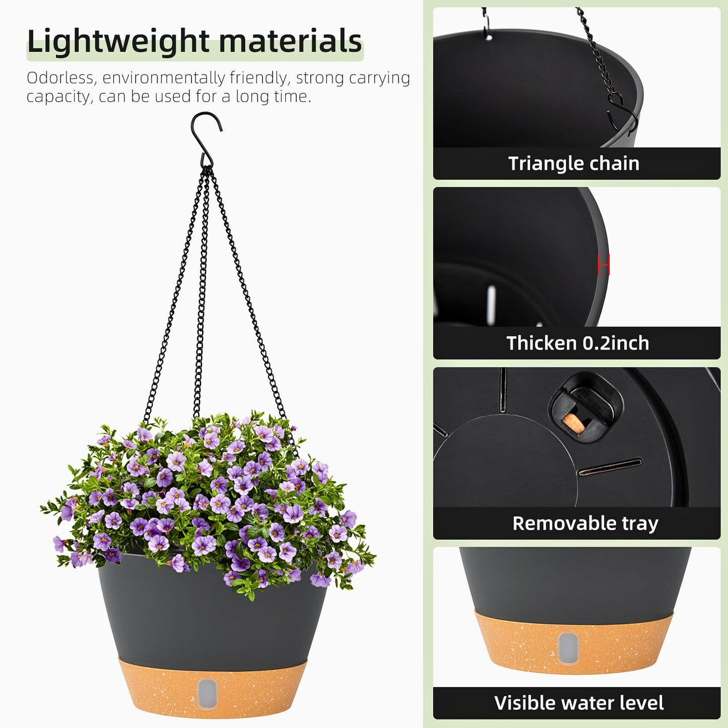 QCQHDU 2 Pack 8 Inch Hanging Planters for Indoor Outdoor Plants, Hanging Baskets Flower Pots with Reservoir Tray & Visible Water-Level