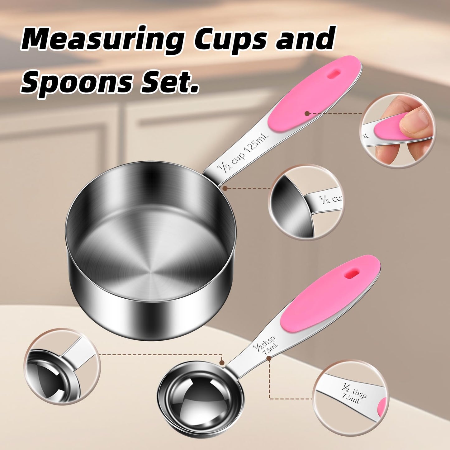 10-Piece Measuring Cups and Spoons Set, 304 Stainless Steel with Color-Coded Handles, Engraved Markings Never Fade, Plastic Free, Dishwasher Safe, Includes 1/8 Cup & 1/4 Tsp