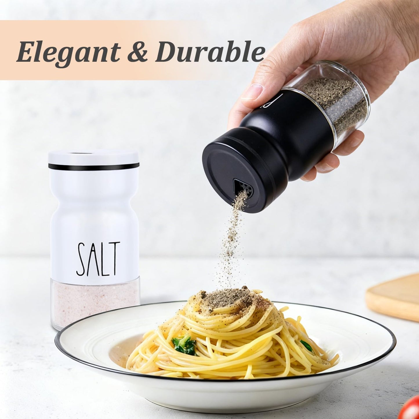 4oz Salt and Pepper Shaker Set with 4 Adjustable Pour Settings, Easy Refill Glass Shakers, Farmhouse Style for Kitchen, Dining Table, BBQ, RV & Camping