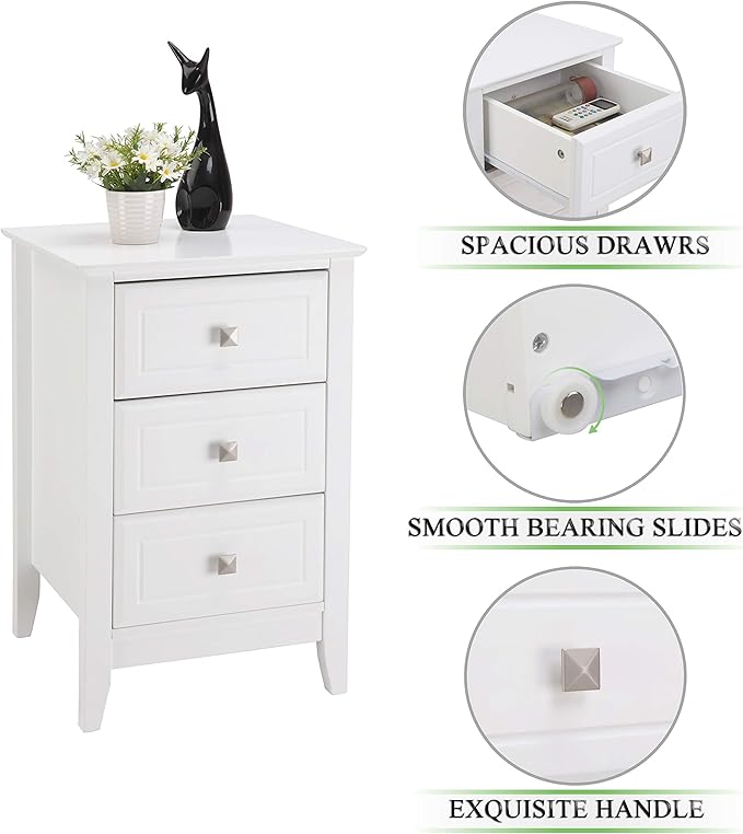 Bonnlo White Nightstand with 3 Drawers, Modern Night Stand