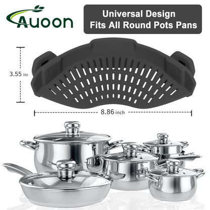 AUOON Clip On Strainer Silicone for All Pots and Pans, Pasta Strainer Clip on Food Strainer for Meat Vegetables Fruit Silicone Kitchen Colander