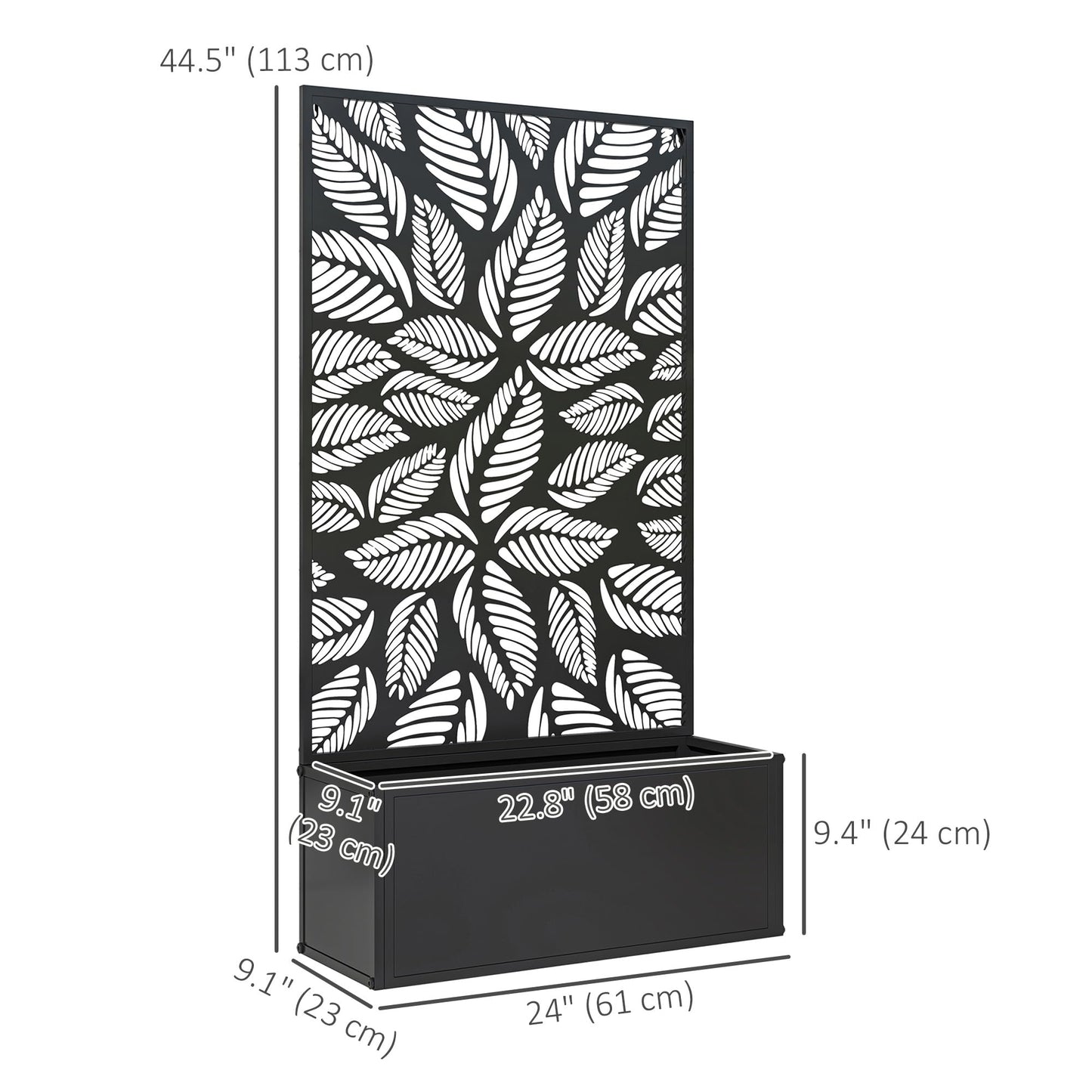Outsunny Metal Raised Garden Bed with Trellis for Climbing Plants, Freestanding or Wall Mounted Flower Bed with Privacy Panel, Small Leaves Cut-Outs Outdoor Planter Box for Garden, Patio, Balcony