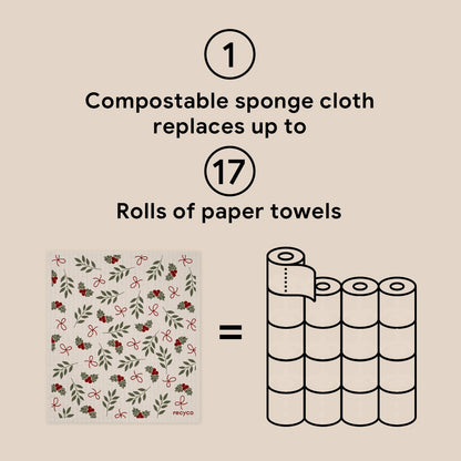 RECYCO 4 Pack Christmas Swedish Dishcloths for Kitchen | Jolly Holiday Washable Dish Towels | Cellulose Reusable Cleaning Paper Towels | Absorbent Counter Dish Cloth Sponge Kitchen Wipes, 7" x 8"