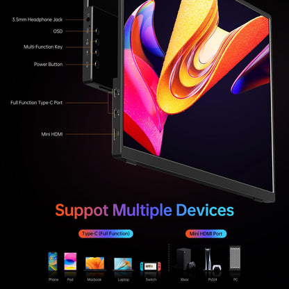 VILVA Portable-Monitor-for-Laptop - 15.6'' 1080P FHD IPS Display USB-C HDMI Portable Monitor for Laptop with Cover and Speakers External Monitor for Laptop/PC/Mac/Phone/Xbox Switch/PS4/