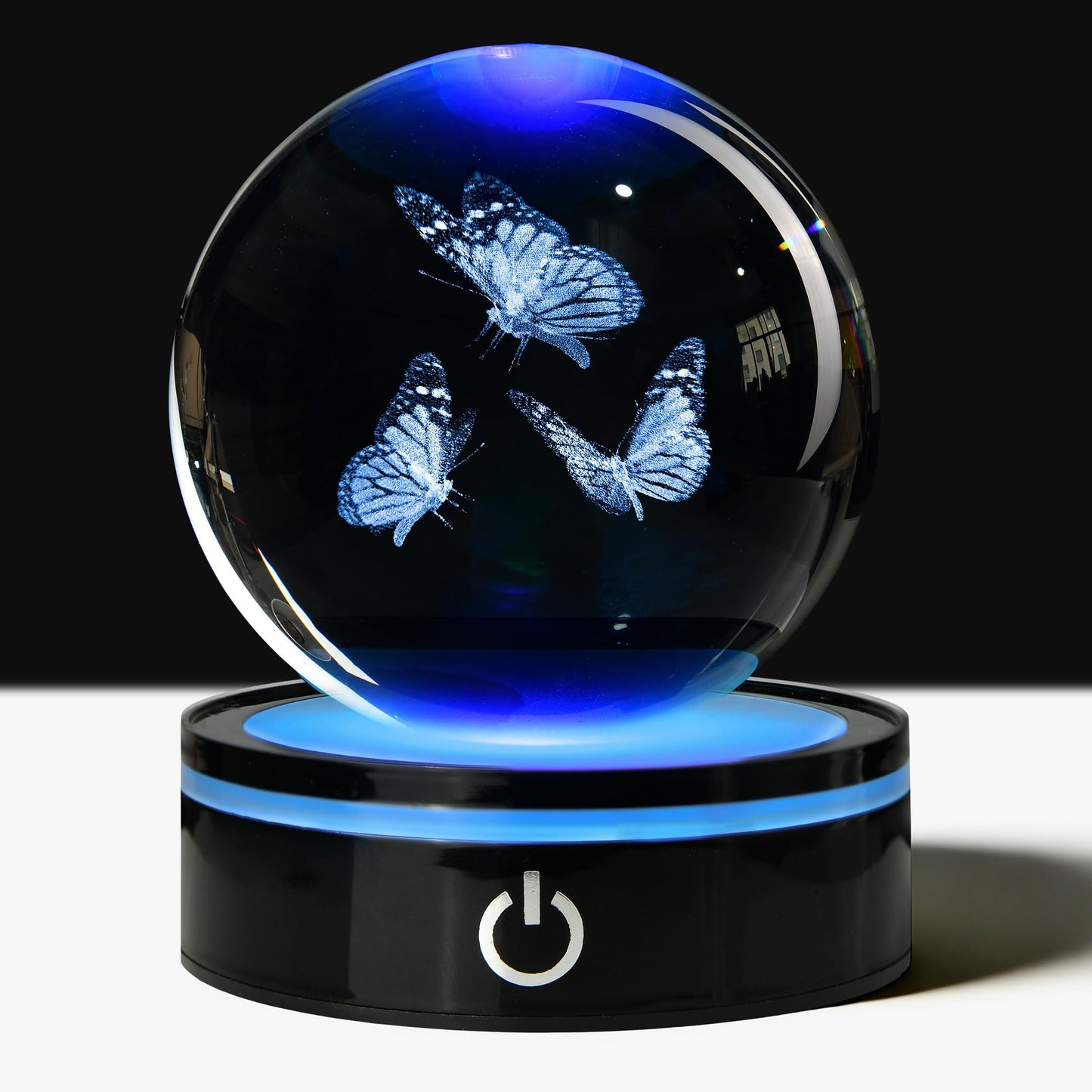 QIANCHANG 3D Butterfly Crystal Ball with LED Stand, 80mm K9 Crystal Glass Sphere Night Light Lamp, Butterfly Figurines Collectibles Gifts for Women Girls Mom Kids