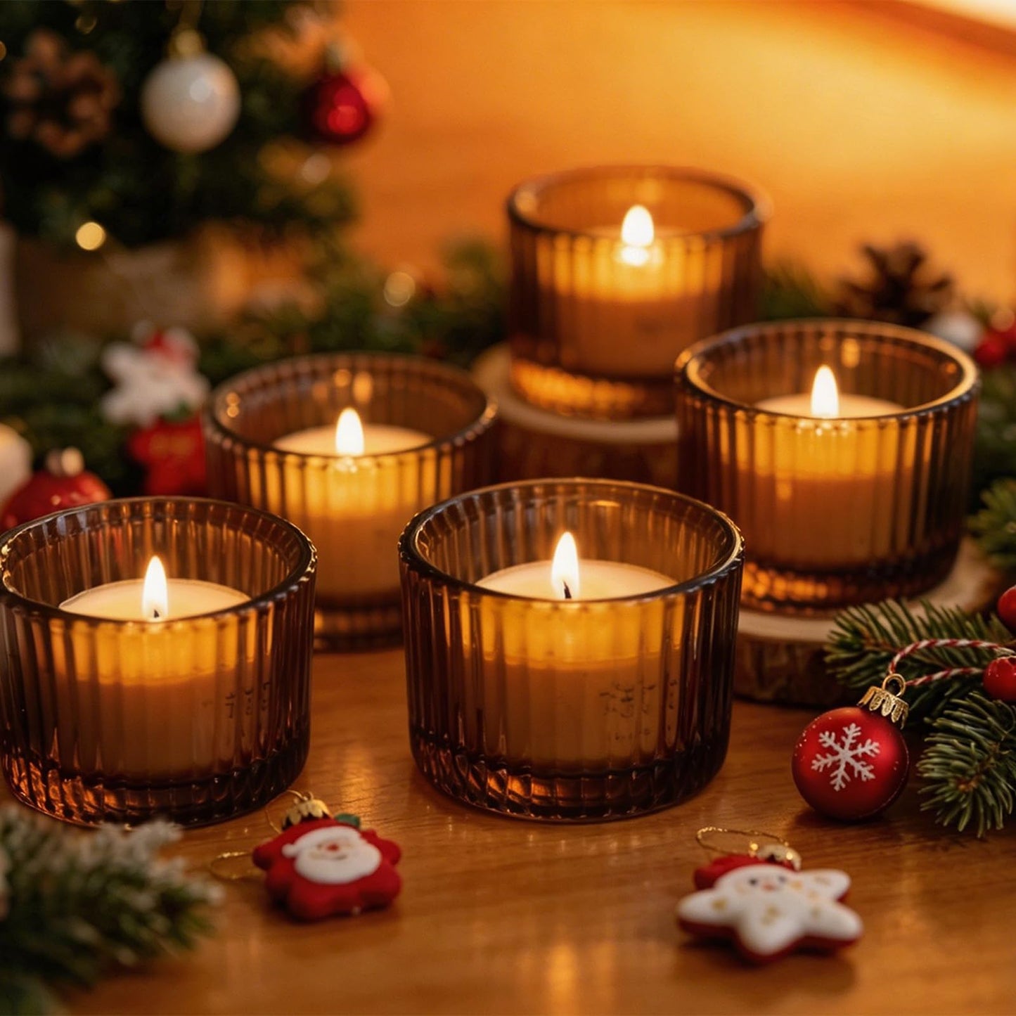 Amber Glass Votive Candle Holders 12 Pack, Small Glass Cups for Tea Lights, Wedding Centerpieces, Table Decorations, Home Decor, Party Favors, Bulk Set of 12