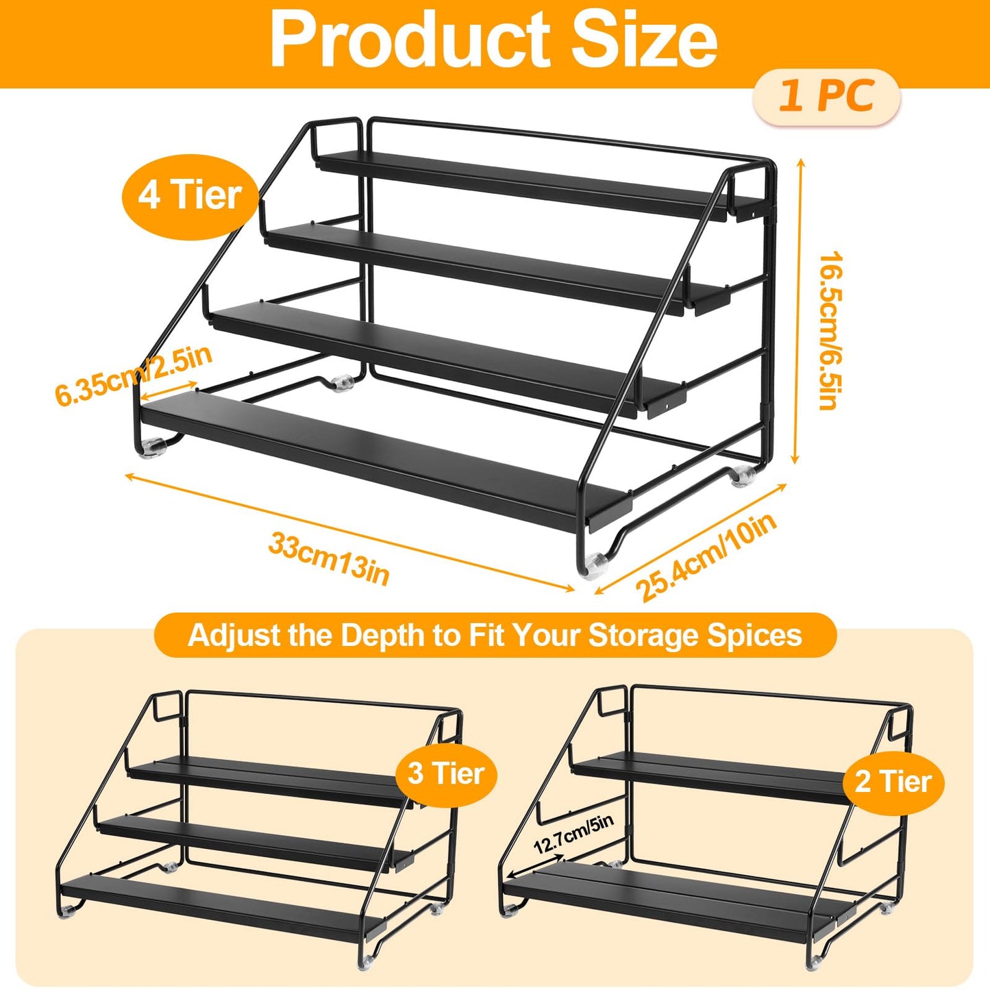 Exclaith 4 Tier Spice Rack for Cabinet, Step Adjustable Spice Shelf, Metal Step Spices Storage Holder with Protection Railing, Seasoning Organizer for Countertop, Cupboard, Pantry
