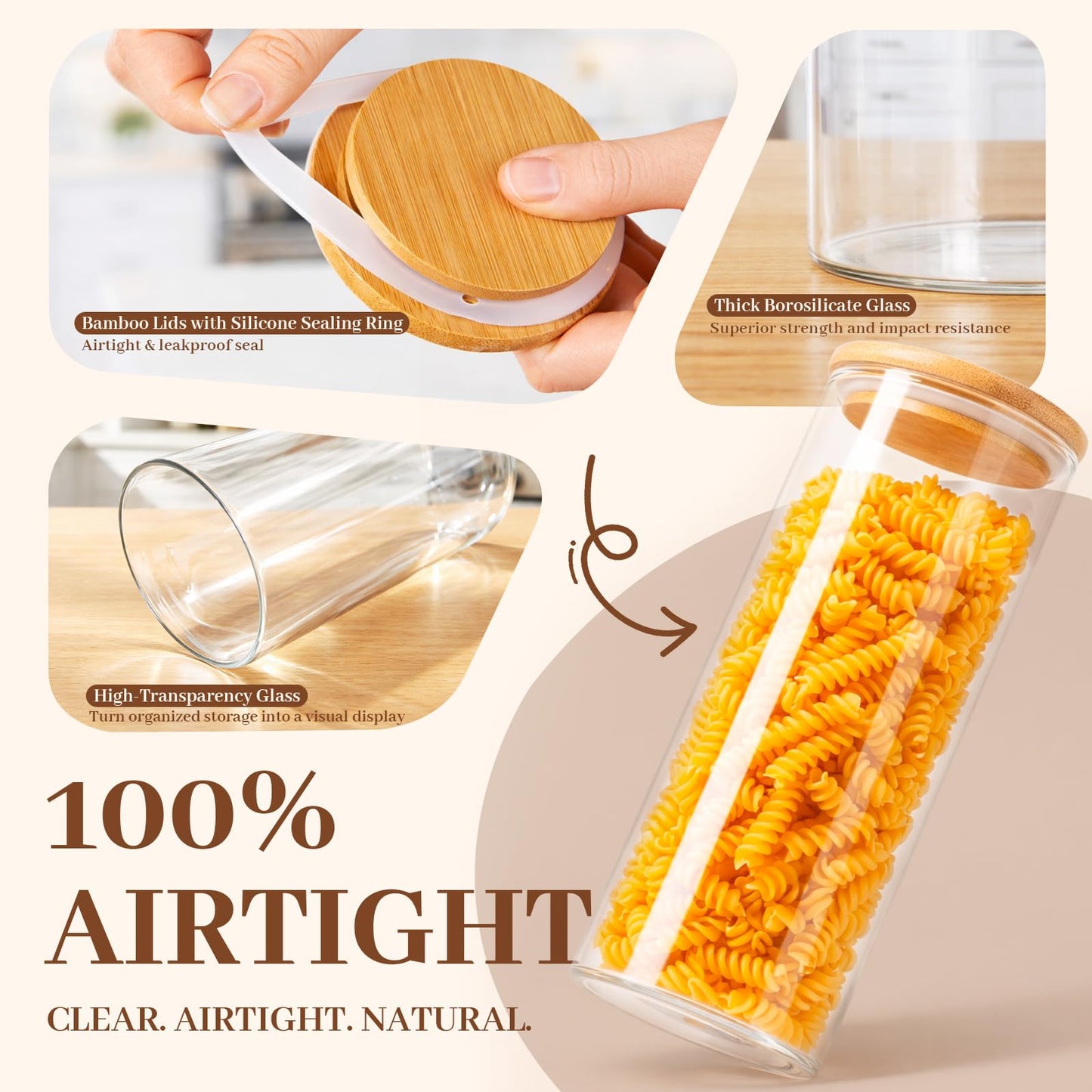 77L Stackable Glass Food Storage Containers with Lids [Set of 8 ], Airtight Glass Canister for Kitchen & Pantry Organization, Clear Borosilicate Jars for Pasta, Cereal, Flour, Sugar, Nuts