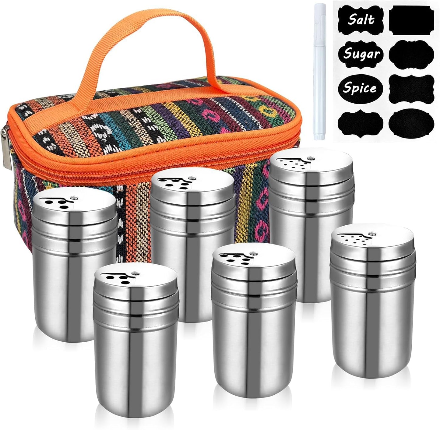 6PCS Camping Spice Kit with Travel Bag – Salt, Pepper, Sugar and Herb Shakers Set, Seasoning Container for Outdoor Cooking, Hiking, and Home Use