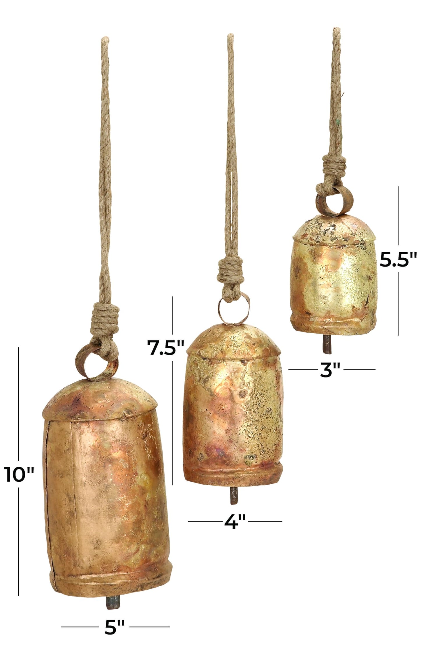 Deco 79 Gold Metal Tibetan Inspired Decorative Giant XL Cow Bells with Jute Hanging Rope, Set of 3 10",8",6"H - Cylindrical