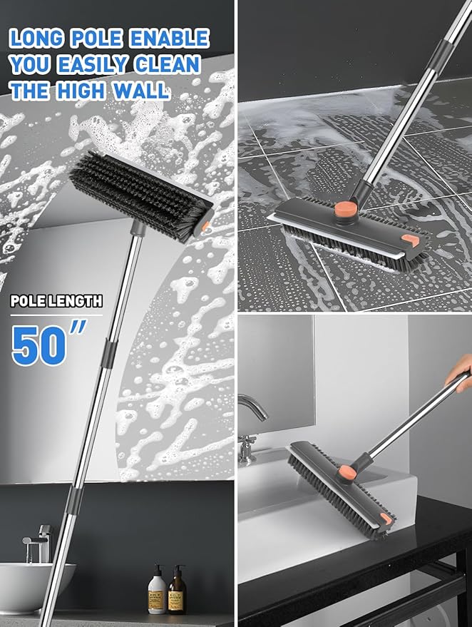 Floor Scrub Brush with Long Handle, 3 in 1 Multi-Angle Heavy Duty Stiff Bristle