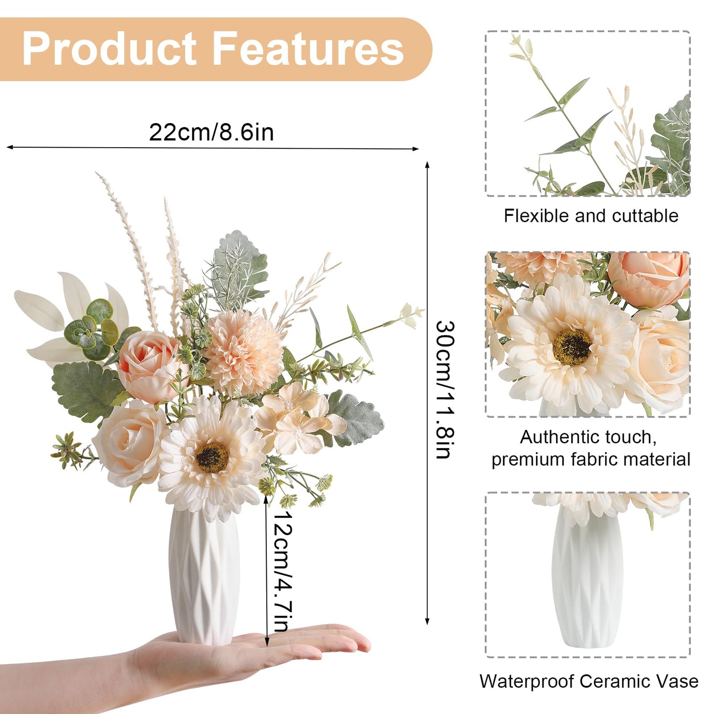 GAATEEK Small 11.8" Artificial Flowers in Ceramic Vase - Champagne Silk Flower Centerpiece for Dining Table, Office, Wedding & Farmhouse, Home Decor Gifts