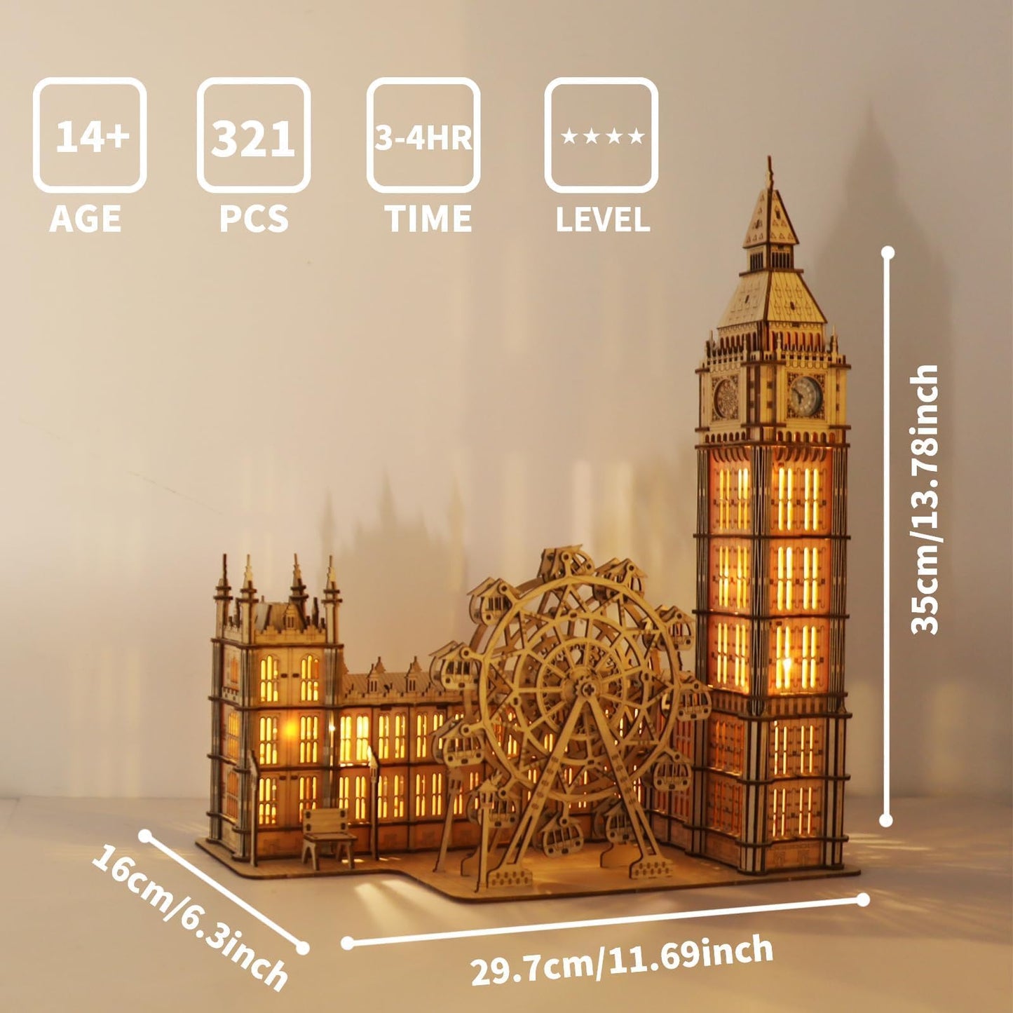 Music Park 3D Wooden Puzzles Big Ben Mechanical Real Clock with Night Light DIY Model Building Kits for Adults to Build Ferris Wheel Hobbies and Birthday Valentine's Day Gifts Home Decoration