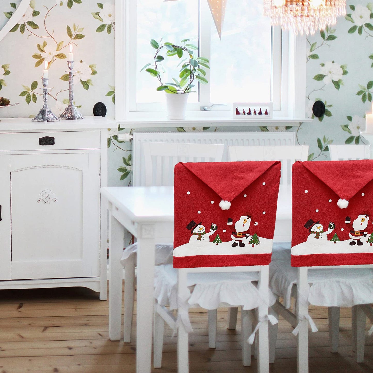 Phedrew 6Pcs Christmas Chair Covers Xmas Dining Chair Slipcovers Santa Hat Chair Back Covers for Christmas Banquet Holiday Festival Decor