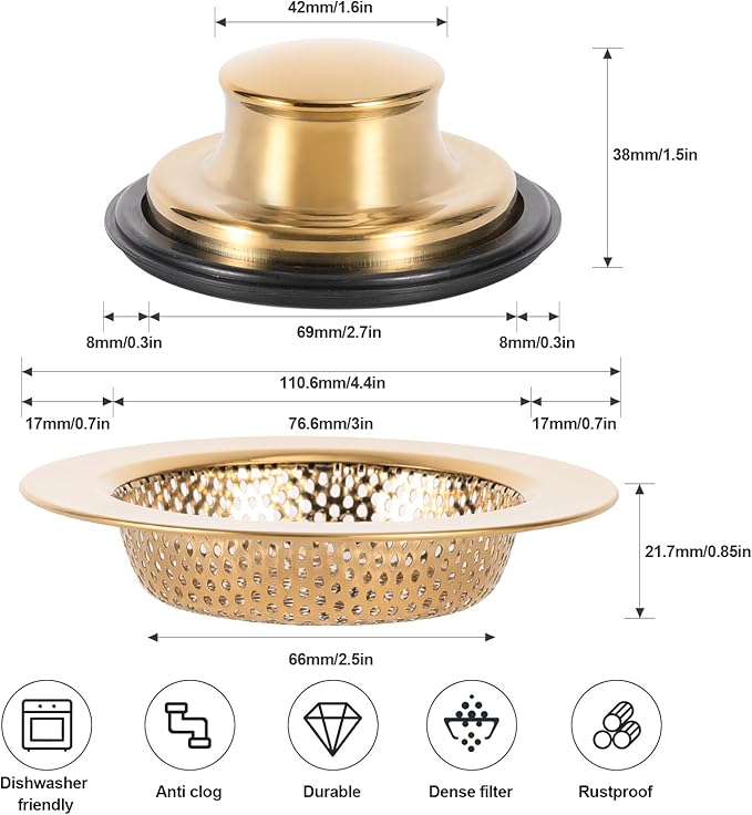 RQYEKDO Kitchen Sink Strainers Sink Stopper Kits, Stainless Steel Sink Drain
