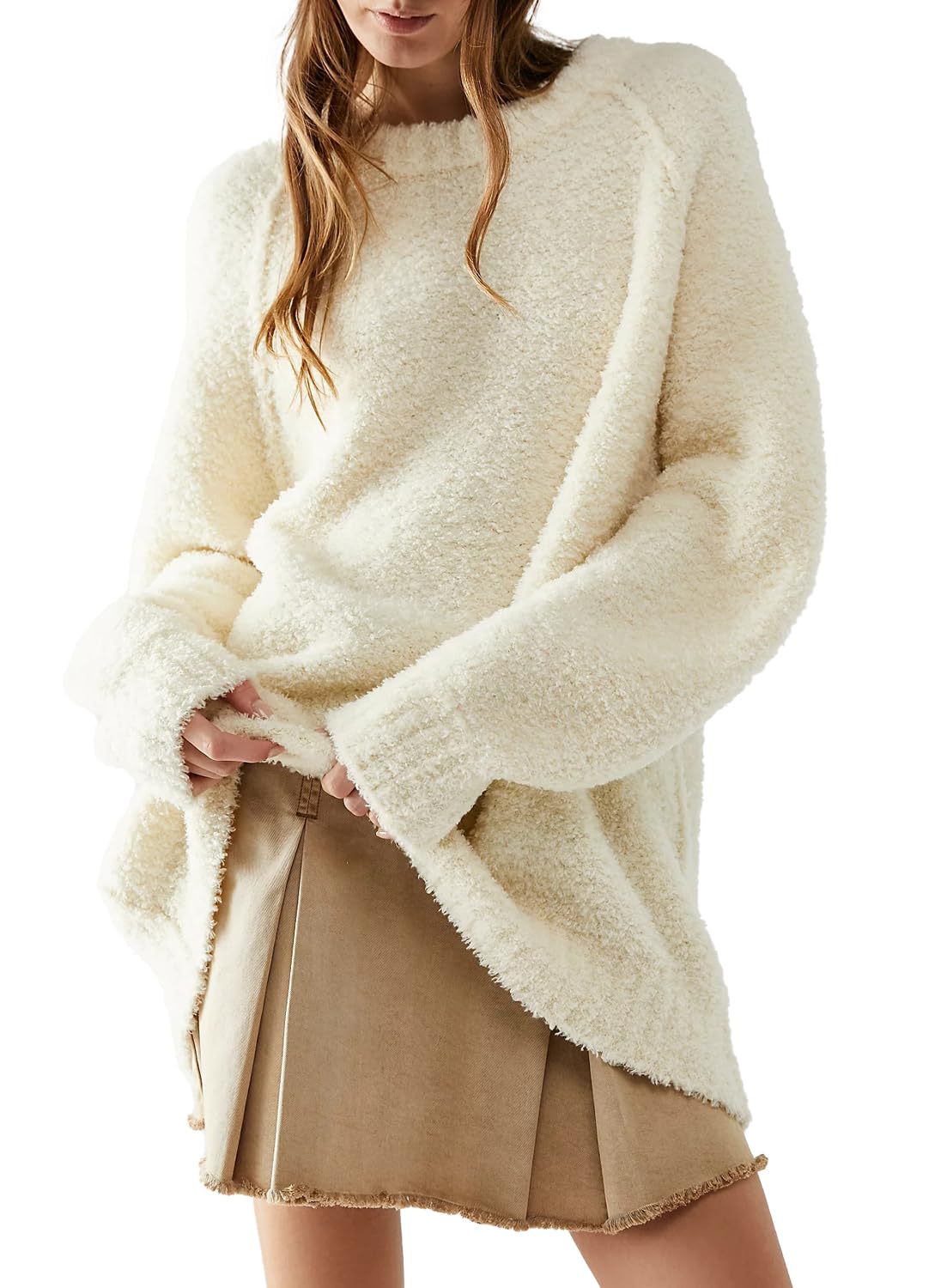 Beaully Women's Oversized Long Sleeve Crewneck Fuzzy Knit Warm Sweaters 2025 Fall Pullover Sweater Tops