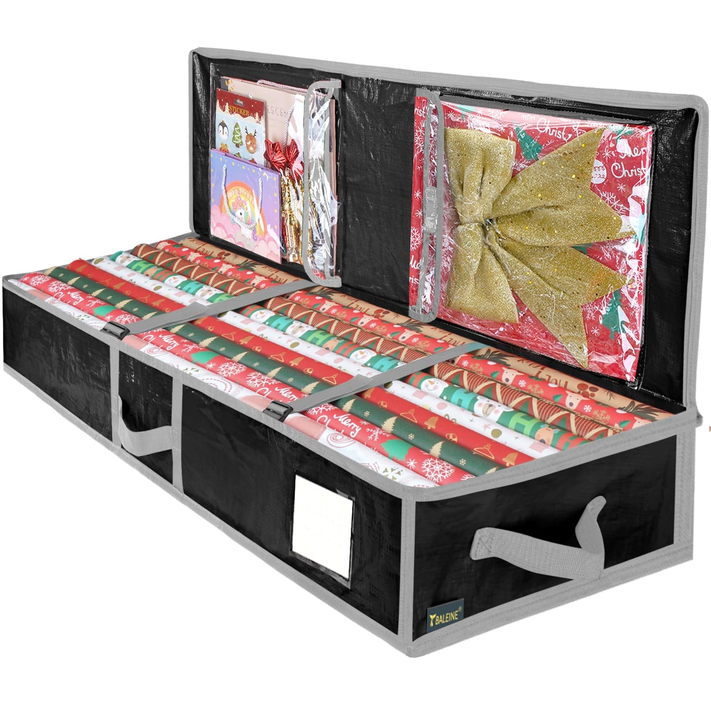 BALEINE Soft Christmas Wrapping Paper Storage Bag, 40" Durable PE Gift Wrap Storage Bag with Flexible Partitions and Pockets for Ribbon, Accessories (Black)