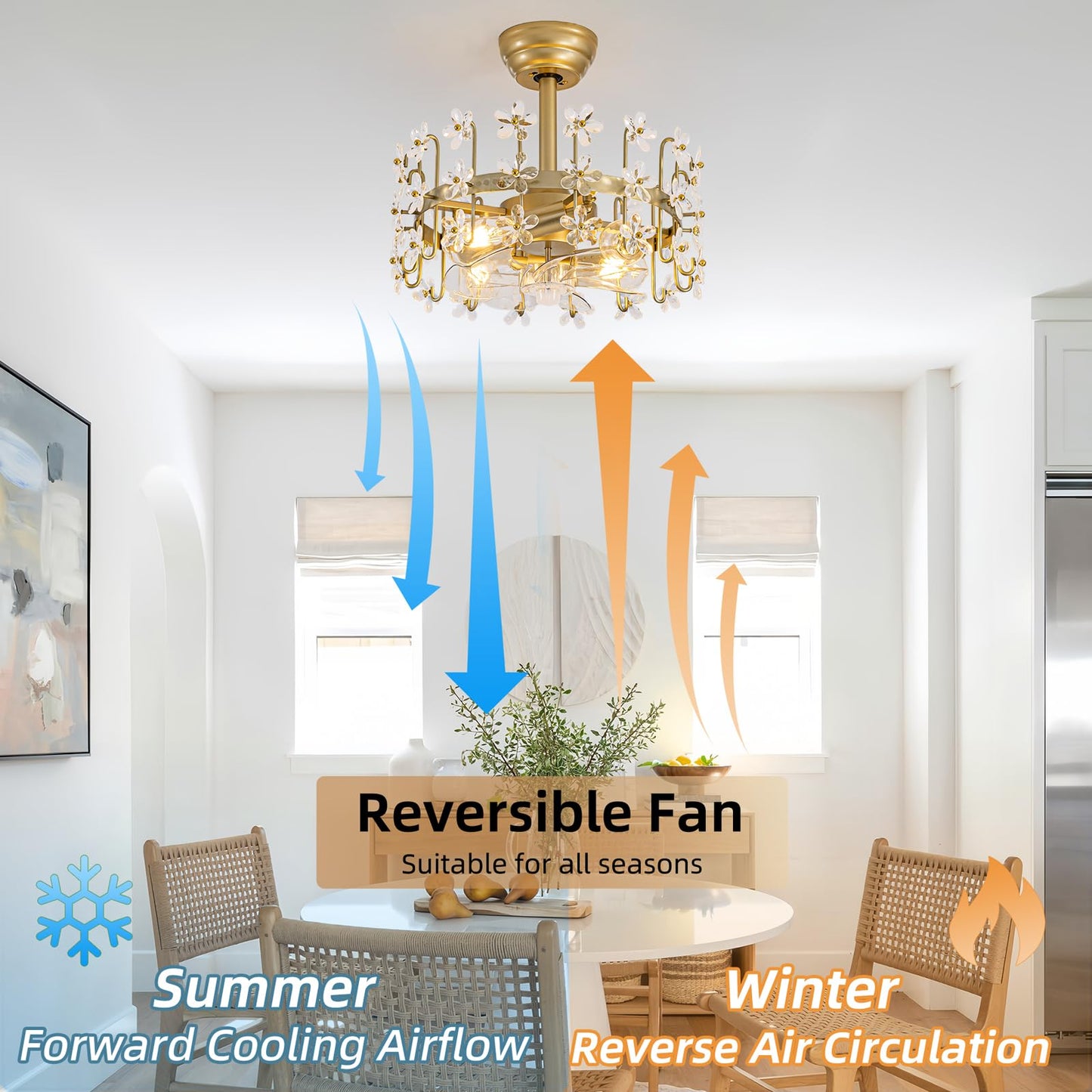 YEDAORL Modern Gold Crystal Fandelier Ceiling Fans with Lights and Remote,Chandelier Fan for Girl's Bedroom,Living Room