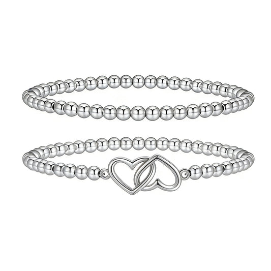 Silver Beaded Bracelets for Women 14K Silver Double-heart Bracelet Handmade Stackable Bracelets for Women Trendy Non Tarnish Bracelet Jewelry Gift for Womens 2Pcs (08.Double-heart+Beaded (Silver))