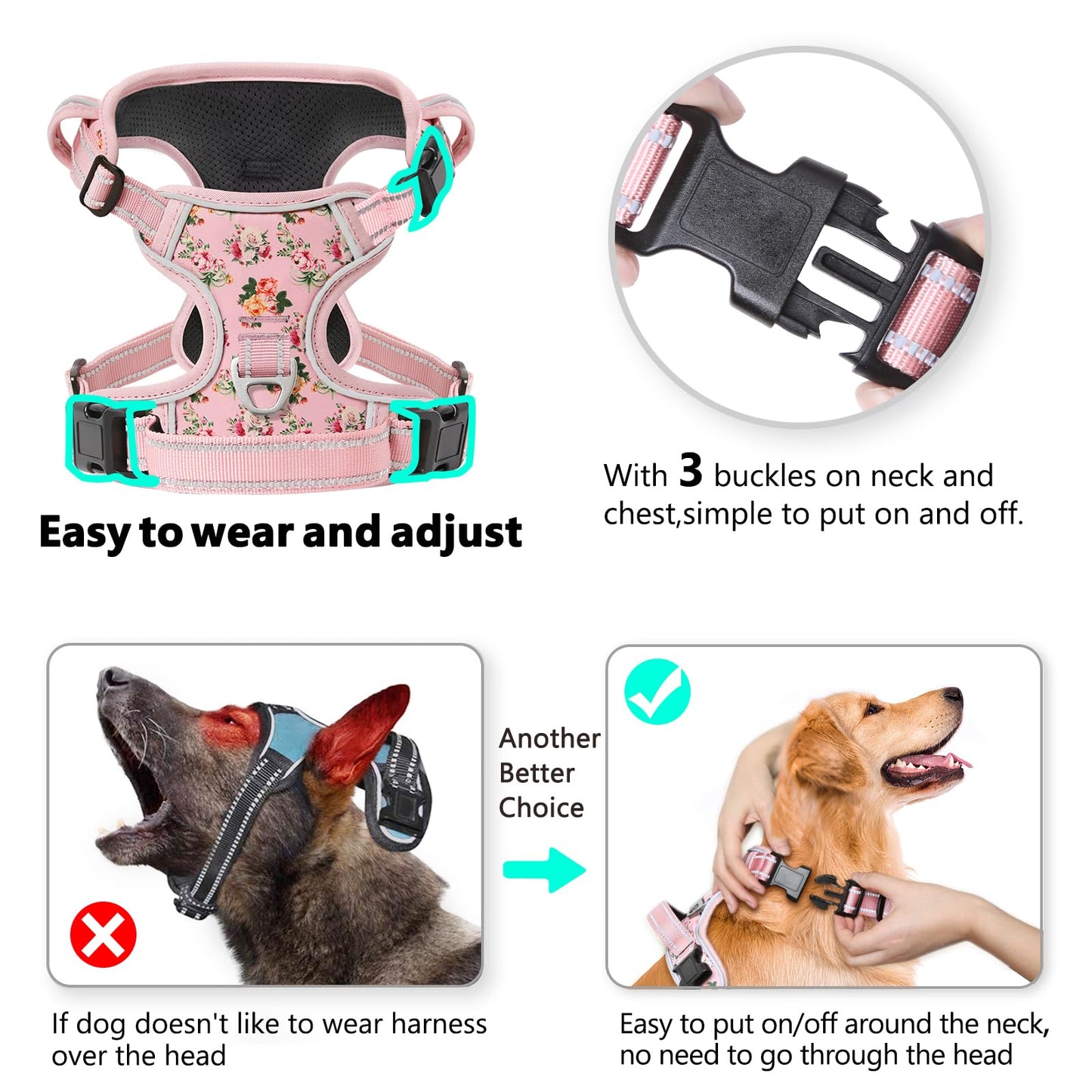 Timos No Pull Dog Harness,NO Need Go Over Dogs Head 3 Snap Buckles Reflective Oxford No Choke Harness with Front & Back 2 Metal Leash Clips Soft Padded for Small Medium Large Dogs Pink S