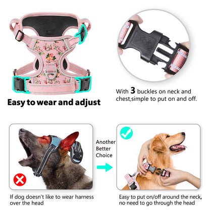 Timos No Pull Dog Harness,NO Need Go Over Dogs Head 3 Snap Buckles Reflective Oxford No Choke Harness with Front & Back 2 Metal Leash Clips Soft Padded for Small Medium Large Dogs Pink S