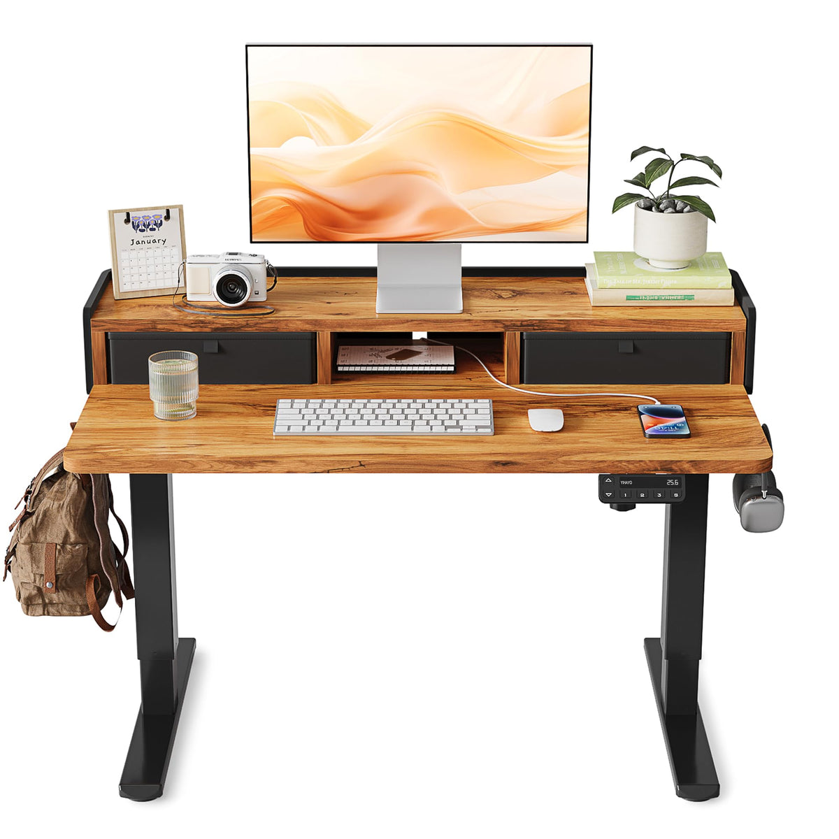 YIHAYO Low Height Adjustable Desk with Drawers, Lifts 18.1-28.3 Inches, Electric Standing Desk with Storage Shelf for short people, 40 x 24 Inches Table with Splice Board for Home Office, Rustic Brown