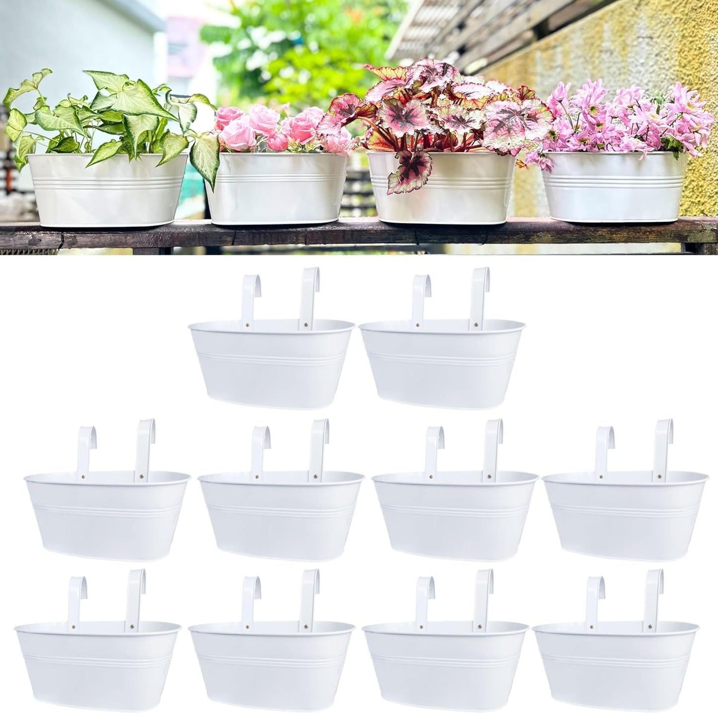 Maxona Metal Iron Hanging Flower Pots, 10 Pack, 11.8 Inch Oval White Railing Fence Hanging Bucket Pots Countryside Style Window Flower Plant Holder with Detachable Hooks Home Décor