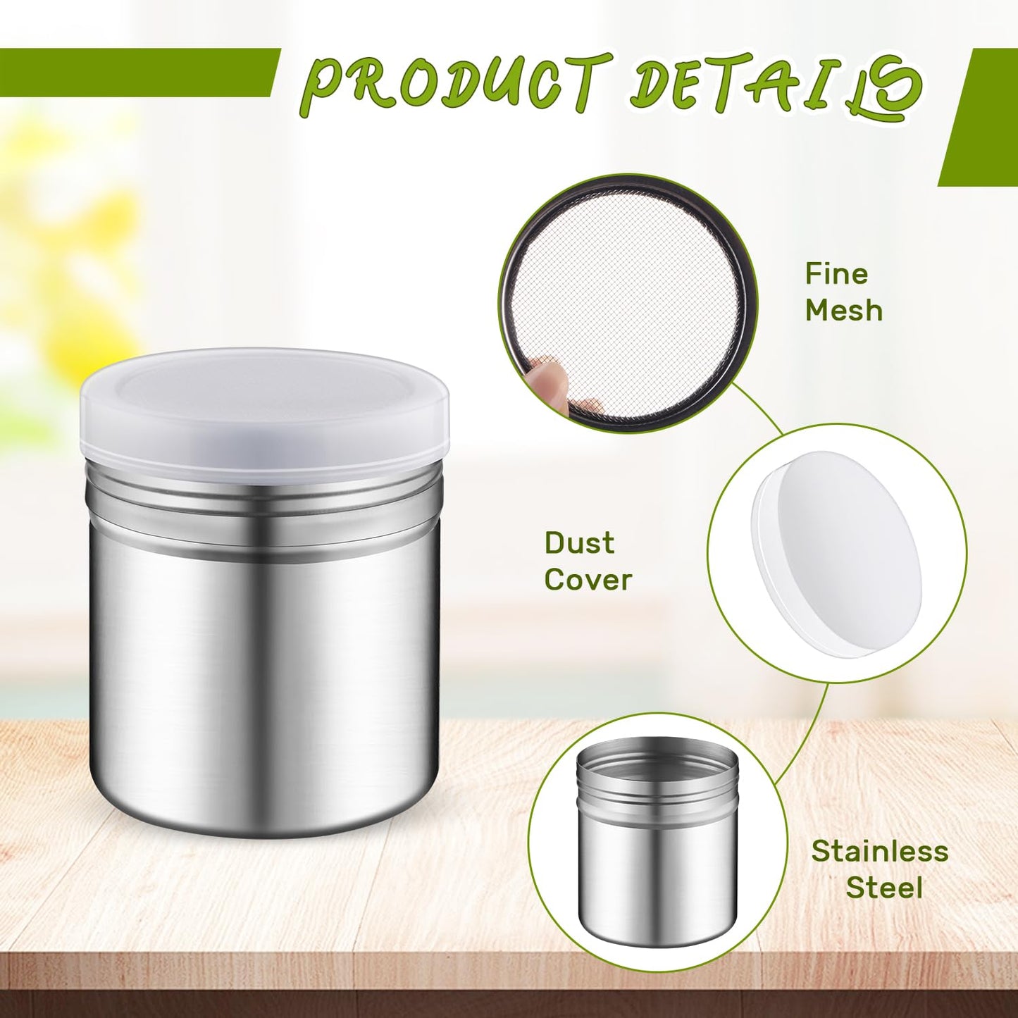 6 Pcs Powder Sugar Shaker Stainless Steel Powder Sugar Shaker Jars Fine Mesh Shaker Cans for Cinnamon Flour Salt Pepper