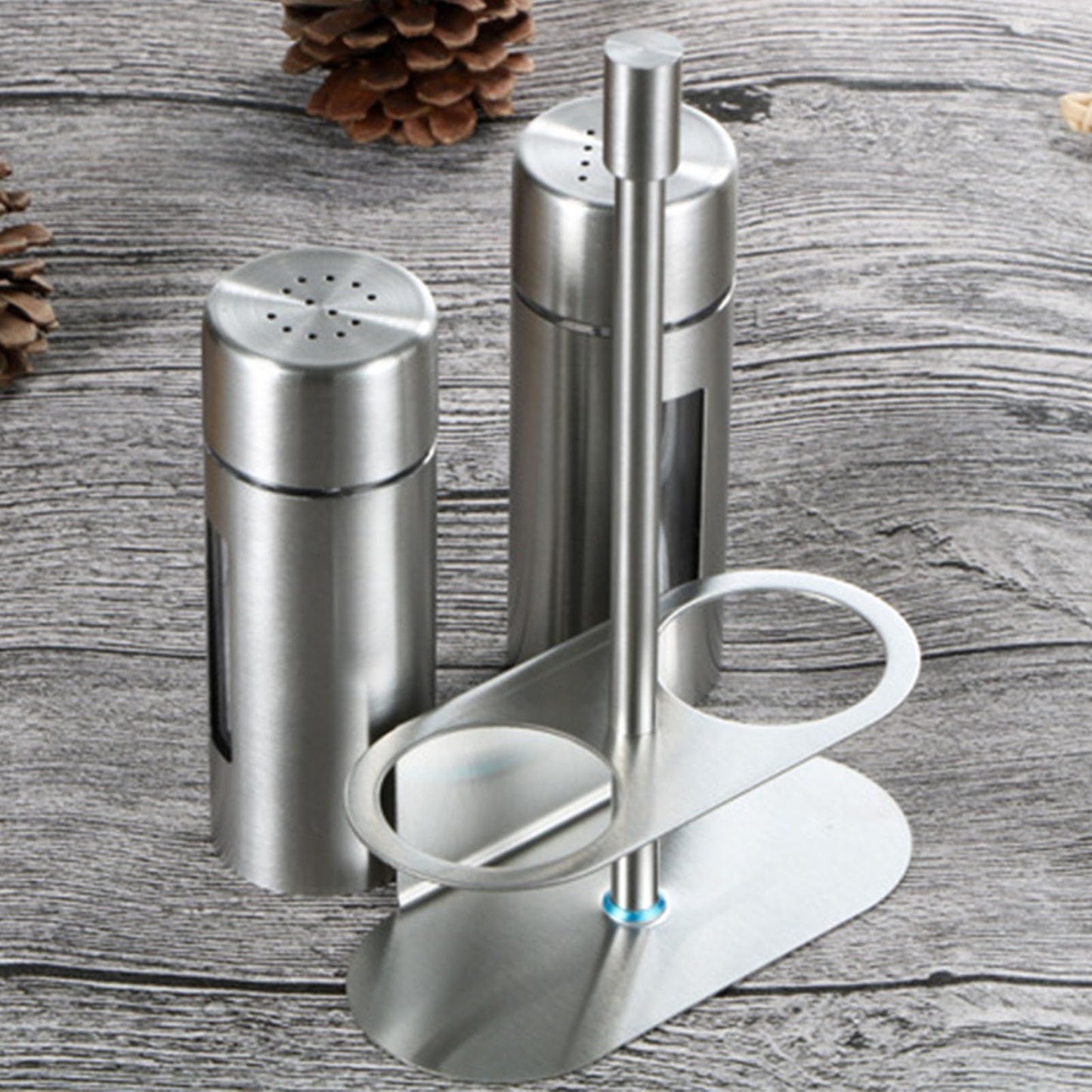 Salt and Pepper Shakers Set with Holder, Stainless Steel Spice Seasoning Bottle with Glass Window, Refillable Salt Pepper Dispenser Containers for Home Kitchen Countertop, BBQ, Bar, RV, Camp (S)