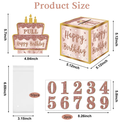 Turypaty Happy Birthday Money Gift Box with DIY Stickers for Any Age - Pink Rose Gold Surprise Birthday Party Cash Gift Box with Pull Out Card for Women Girls - A Fun Way to Present Cash as Gifts