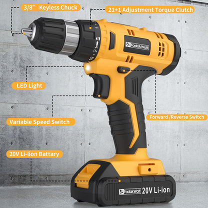 FADAKWALT 20V Cordless Drill Set ，Powerful Drill bit Sets,Torque 30N,21+1 Torque Setting,3/8” inch Keyless Chuck, 40pcs,Electric Drill with 2.0AH Li-Ion Battery and LED Light.