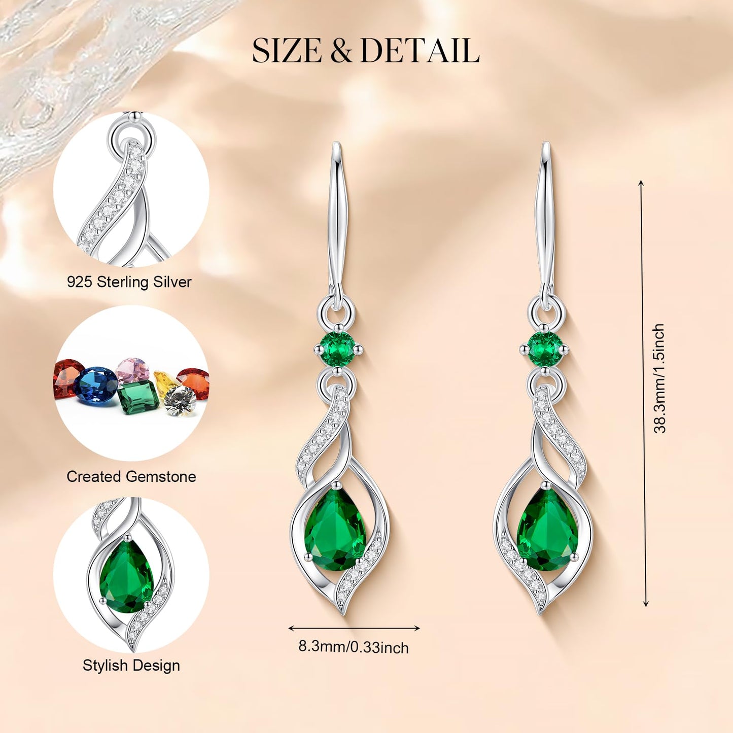FANCIME Gift for Women May Birthstone Dangle Earrings for Women Teardrop Emerald Earrings S925 Sterling Silver infinity Love Birthday Gifts for Mom Women