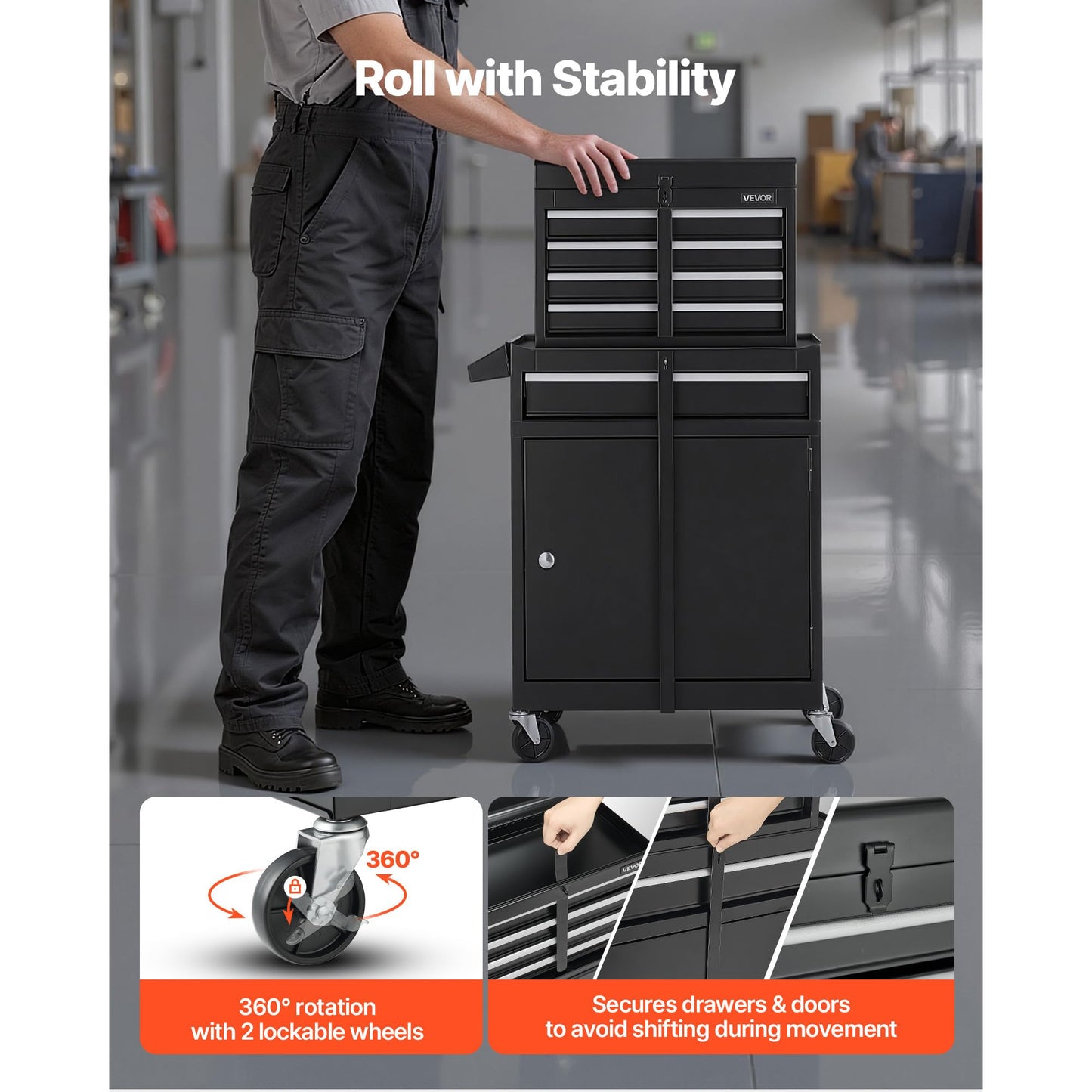 VEVOR Rolling Tool Chest, 2-in-1 Design, 5 Drawers Tool Cabinet Organizer with Detachable Top Metal Toolbox, Lock Bar, Protective Liner, and Tools Rack, Garage Storage Cabinet for Warehouse, Workshop