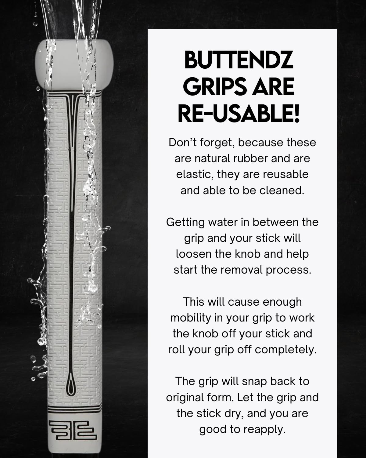 Buttendz Flux Z Hockey Stick Replacement Grip - Reusable Design, Large Knob Player Grip to Maximize Power, Accuracy and Stick Control, Fits All Stick Sizes (White/Black Drip)