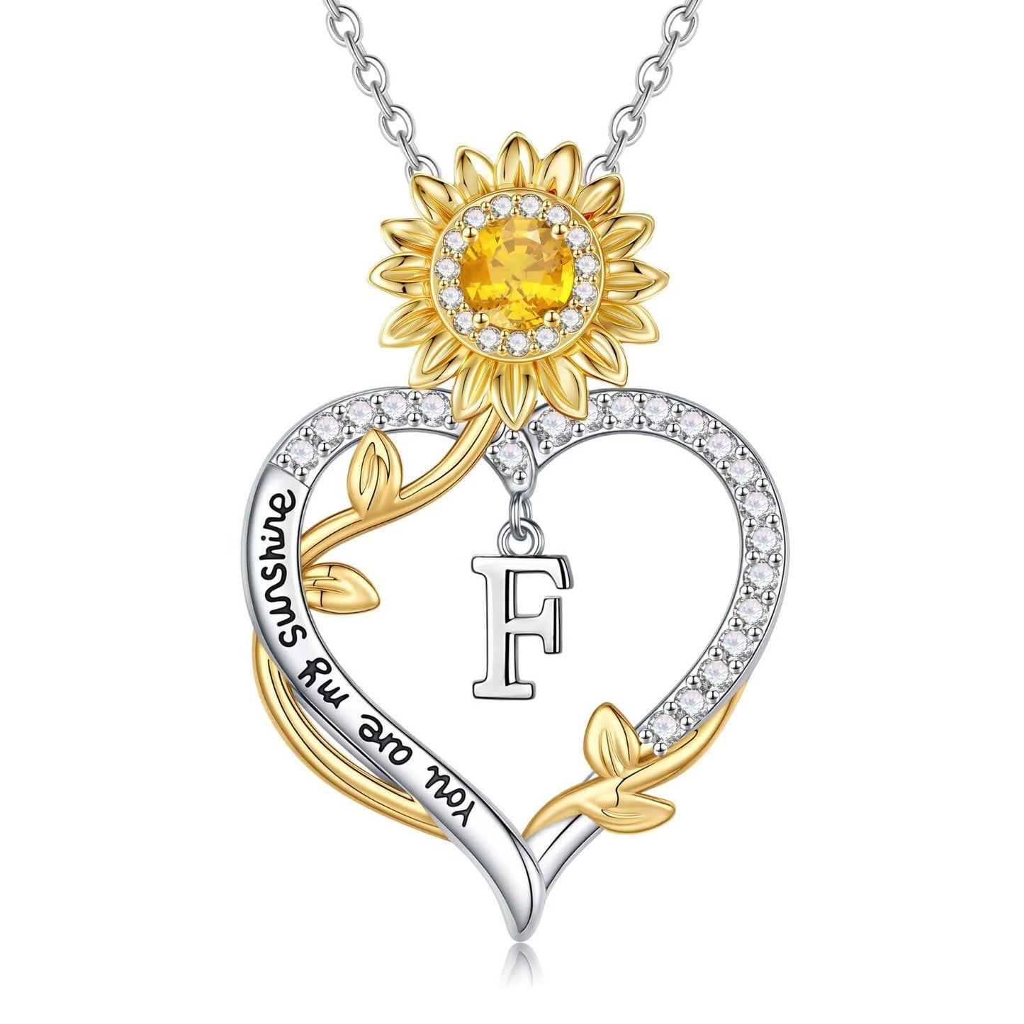 MONOOC Sunflower Gifts for Women - 14K-White-Gold-Plated Sunflower Initial Necklaces for Woman Heart Initial Letter F Necklace, Anniversary Birthday Gifts for Women Wife Mom Jewelry Gift