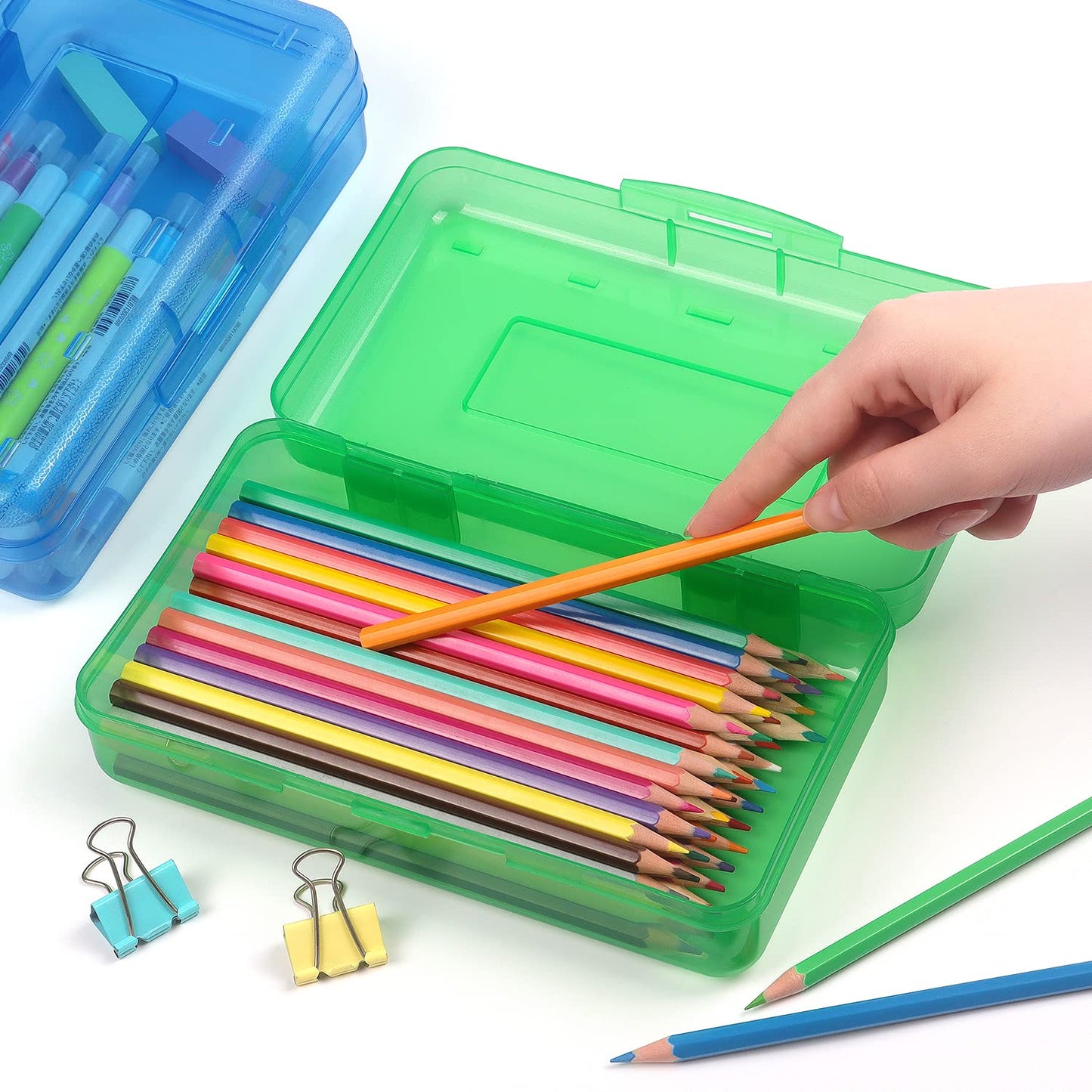 Tamaki 1 Pack Plastic Pencil Box Large Capacity Pencil Boxes Clear Boxes with Snap-tight Lid Stackable Design and Stylish Office Supplies Storage Organizer Box, Green