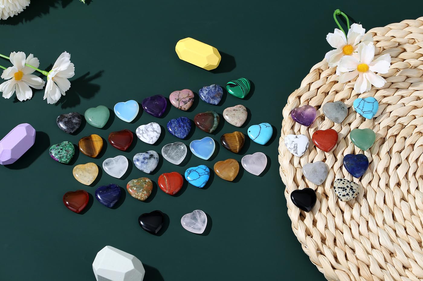 NUKAYAI 40 PCS Healing Crystals Mother Gemstones Love Heart Shaped Trinket Rose Quartz Amethyst Set Wholesale Worry Stone Reiki Healing Crystal Cute Bulk Meditation Mother's Day Gifts for Women