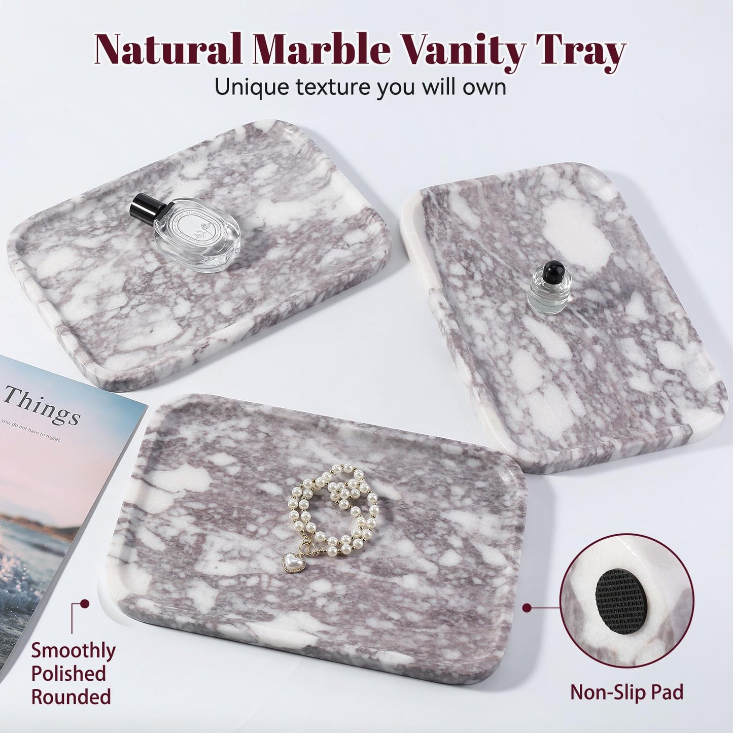 Karibiber Luxury Marble Vanity Tray, Bathroom Tray Countertop, Calacatta Marble/Stone, Home Decorative Dresser Organizer, Storage for Kitchen Sink, Perfume Jewelry Holder(Purple&White)