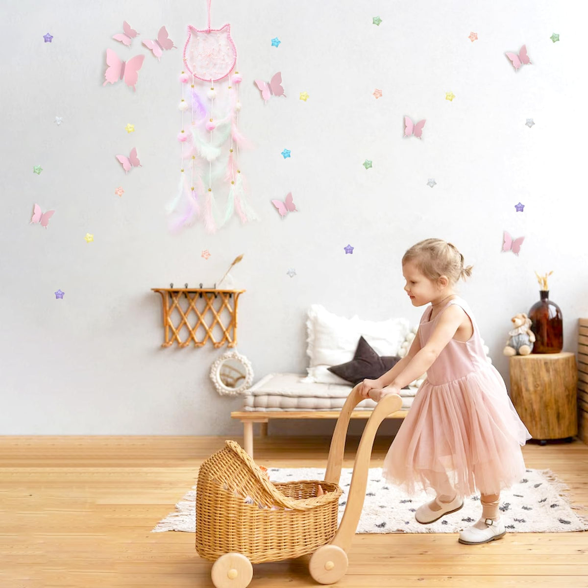 Fun-Plus Pink Dream Catcher Wall Hanging Set - 10 Butterflies & 16 Stars, Boho Room Decor for Girls, Easy Peel & Stick Wall Art for Bedroom, Nursery, Teen Room for Daughter, Birthday, Christmas