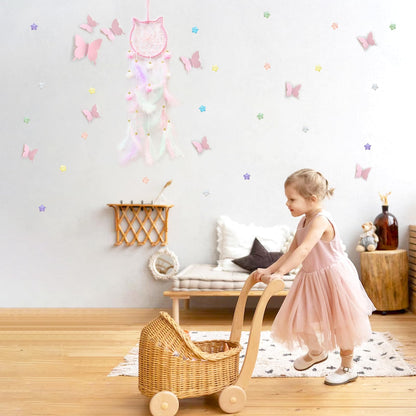 Fun-Plus Pink Dream Catcher Wall Hanging Set - 10 Butterflies & 16 Stars, Boho Room Decor for Girls, Easy Peel & Stick Wall Art for Bedroom, Nursery, Teen Room for Daughter, Birthday, Christmas