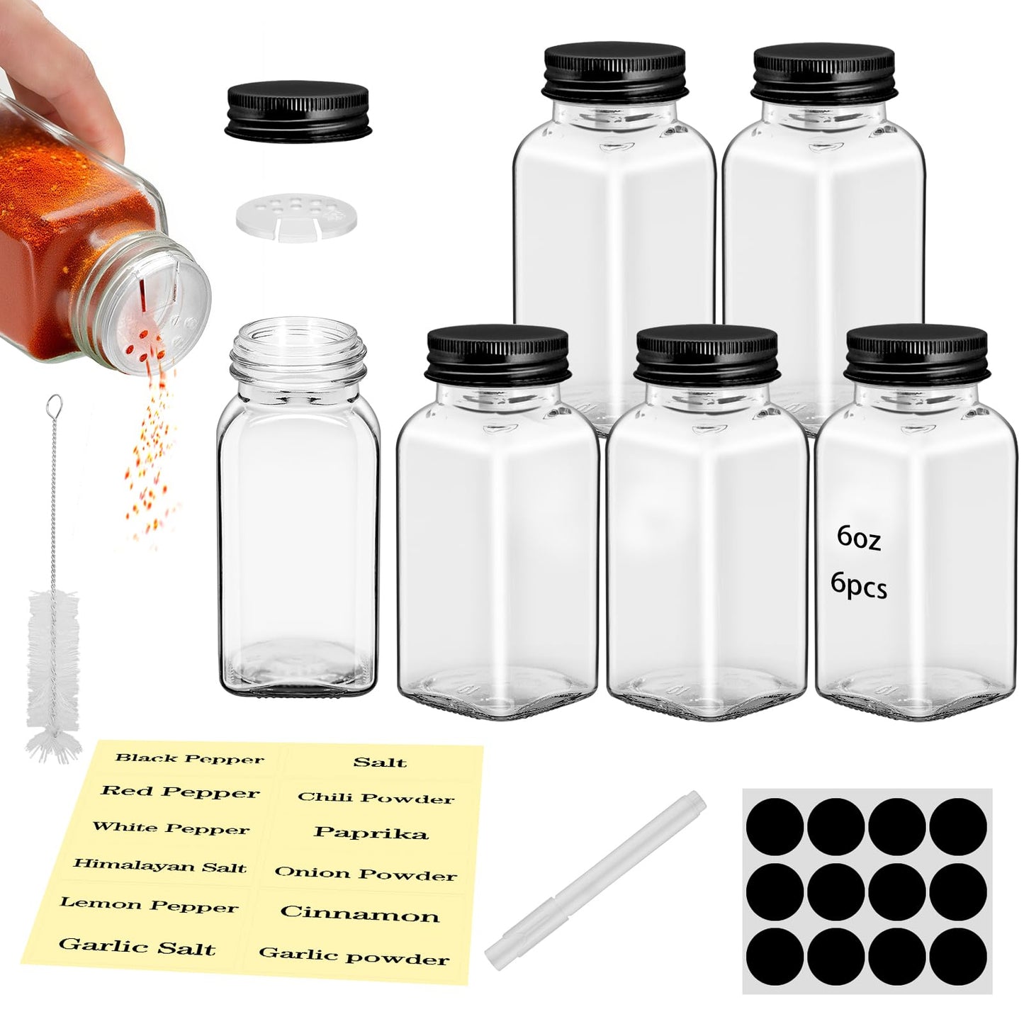 6Pcs 6 oz Square Glass Spice Jars with Label, Empty Spice Containers with Black iron Lids, Square Seasoning Containers and Supplement Set, Small Seasoning Bottles for Salt, Herbs, Sugar, Pepper (6)