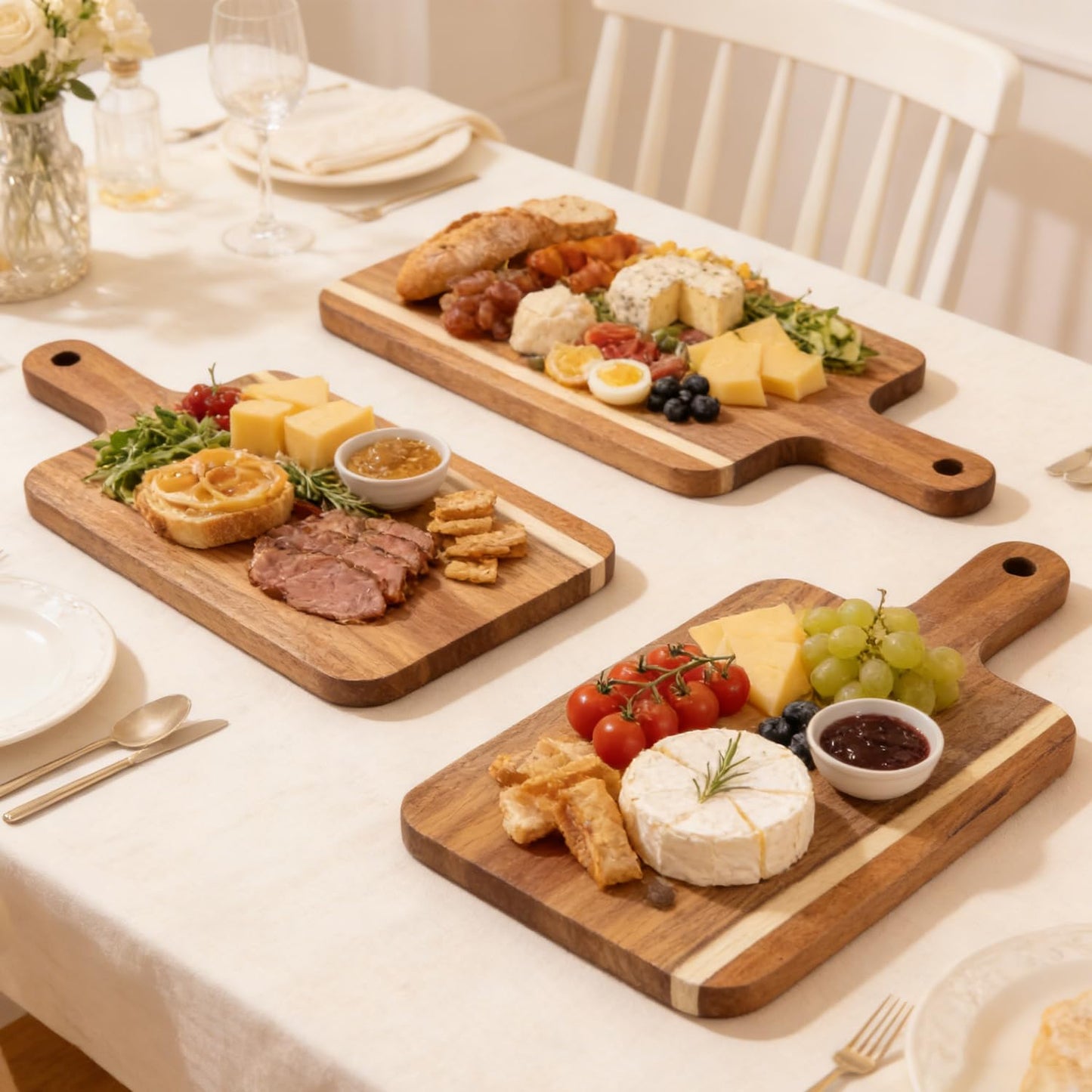 Benhurb 6 Pcs Acacia Wood Cutting Board with Handle, Large Charcuterie Boards Bulk, 15 x 7 inch Wooden Cutting Boards Bulk for Kitchen, Cheese Serving Board for Vegetables Meat Pizza Fruit Bread